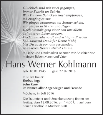 Traueranzeige von Hans-Werner Kohlmann von WVG - Wochenspiegel Merseburg