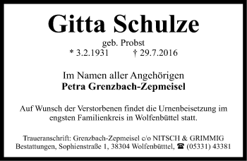 Traueranzeige von Gitta Schulze von Mitteldeutsche Zeitung Wittenberg