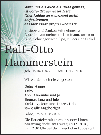 Traueranzeige von Ralf-Otto Hammerstein von WVG - Wochenspiegel NMB / WSF / ZTZ