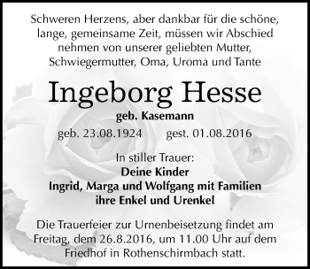 Traueranzeige von Ingeborg Hesse von Mitteldeutsche Zeitung Mansfelder Land
