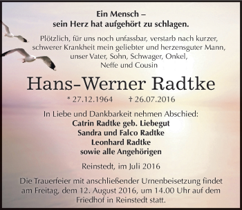 Traueranzeige von Hans-Werner Radtke von Mitteldeutsche Zeitung Quedlinburg
