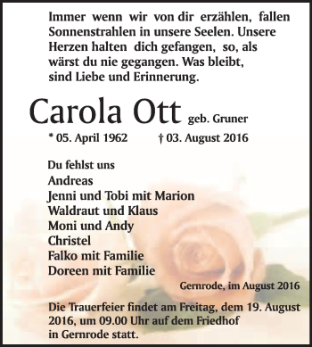 Traueranzeige von Carola Ott von WVG - Wochenspiegel Quedlinburg