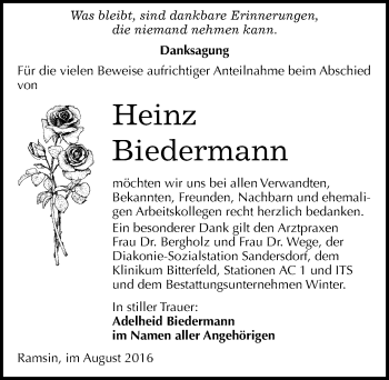 Traueranzeige von Heinz Biedermann von Mitteldeutsche Zeitung Bitterfeld
