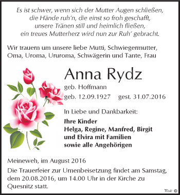 Traueranzeige von Anna Rydz von Mitteldeutsche Zeitung Zeitz