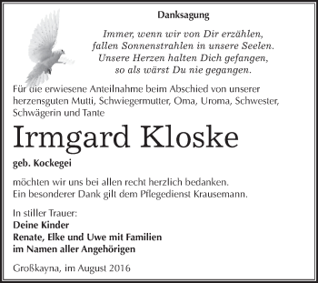 Traueranzeige von Irmgard Kloske von WVG - Wochenspiegel Merseburg