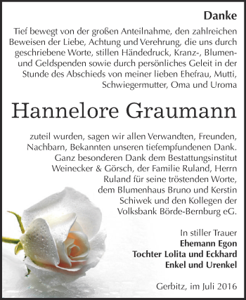 Traueranzeige von Hannelore Graumann von Super Sonntag Bernburg