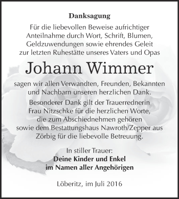 Traueranzeige von Johann Wimmer von WVG - Wochenspiegel Bitterfeld