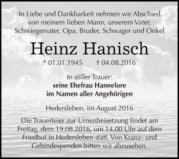Traueranzeige von Heinz Hanisch von Super Sonntag SGH Mansf. Land