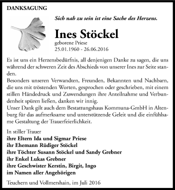 Traueranzeige von Ines Stöckel von Mitteldeutsche Zeitung Weißenfels
