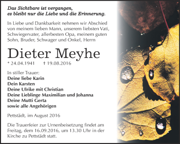 Traueranzeige von Dieter Meyhe von WVG - Wochenspiegel NMB / WSF / ZTZ