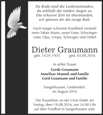 Traueranzeige von Dieter Graumann von Super Sonntag SGH Mansf. Land