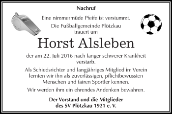 Traueranzeige von Horst Alsleben von Super Sonntag Bernburg