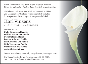 Traueranzeige von Karl Vinzens von WVG - Wochenspiegel SGH