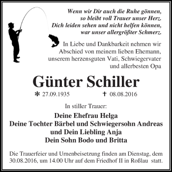 Traueranzeige von Günter Schiller von WVG - Wochenspiegel Dessau / Köthen