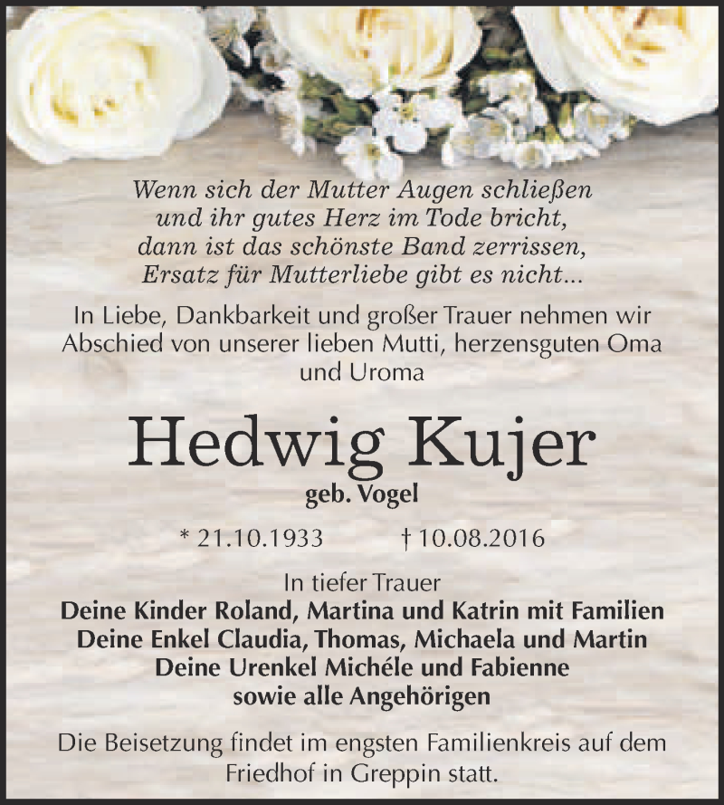  Traueranzeige für Hedwig Kujer vom 17.08.2016 aus WVG - Wochenspiegel Bitterfeld