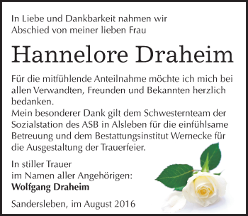 Traueranzeige von Hannelore Draheim von Mitteldeutsche Zeitung Mansfelder Land