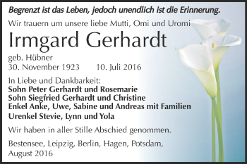 Traueranzeige von Irmgard Gerhardt von Super Sonntag Zeitz