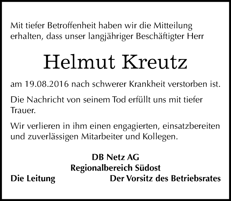  Traueranzeige für Helmut Kreutz vom 24.08.2016 aus Mitteldeutsche Zeitung Zeitz