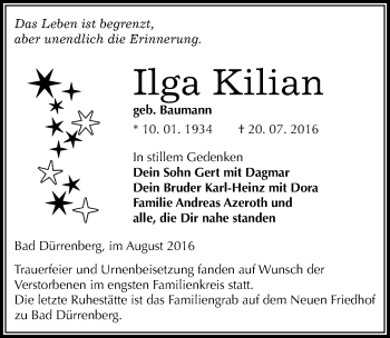 Traueranzeige von Ilga Kilian von Mitteldeutsche Zeitung Merseburg/Querfurt