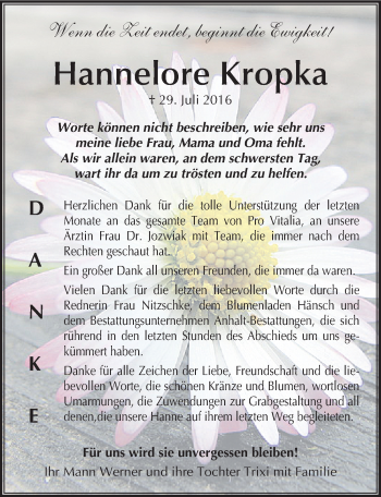 Traueranzeige von Hannelore Kropka von Mitteldeutsche Zeitung Bitterfeld