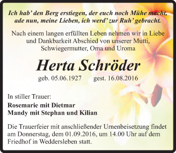 Traueranzeige von Herta Schröder von Mitteldeutsche Zeitung Quedlinburg
