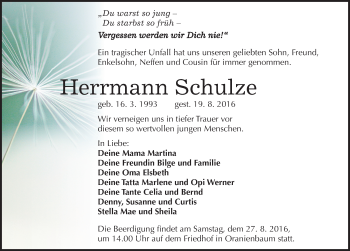 Traueranzeige von Herrmann Schulze von Mitteldeutsche Zeitung Wittenberg