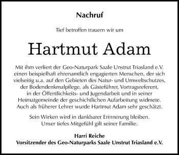 Traueranzeige von Hartmut Adam von Mitteldeutsche Zeitung Naumburg/Nebra