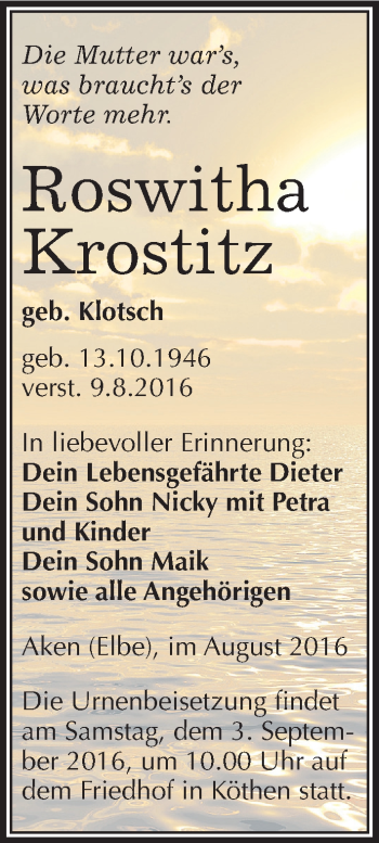 Traueranzeige von Roswitha Krostitz von Mitteldeutsche Zeitung Köthen