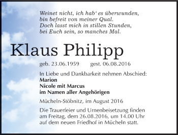 Traueranzeige von Klaus Philipp von Mitteldeutsche Zeitung Merseburg/Querfurt