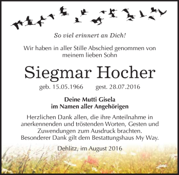 Traueranzeige von Siegmar Hocher von Mitteldeutsche Zeitung Weißenfels