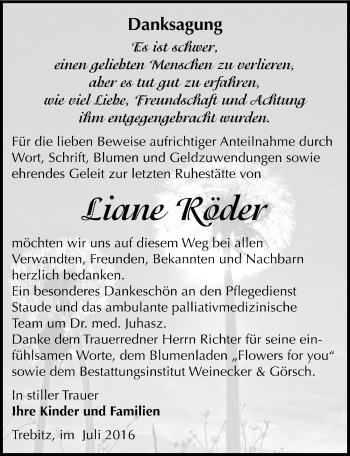 Traueranzeige von Liane Röder von Mitteldeutsche Zeitung Bernburg