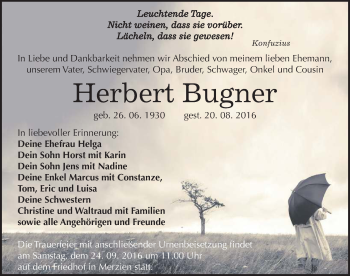 Traueranzeige von Herbert Bugner von Mitteldeutsche Zeitung Köthen
