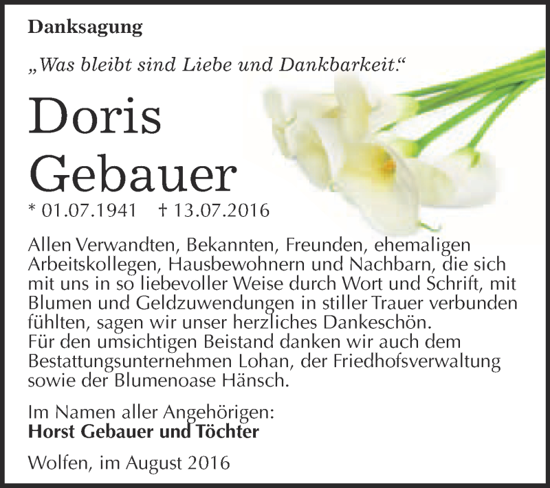  Traueranzeige für Doris Gebauer vom 10.08.2016 aus WVG - Wochenspiegel Bitterfeld