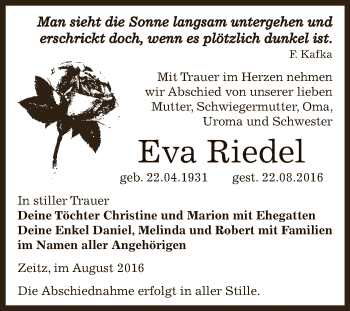 Traueranzeige von Eva Riedel von Super Sonntag Zeitz