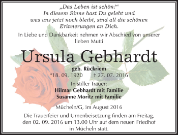 Traueranzeige von Ursula Gebhardt von Mitteldeutsche Zeitung Merseburg/Querfurt
