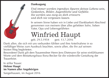 Traueranzeige von Winfried Haupt von Mitteldeutsche Zeitung Sangerhausen
