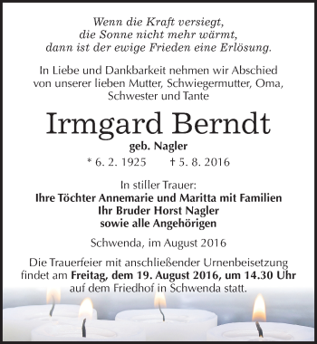 Traueranzeige von Irmgard Berndt von Mitteldeutsche Zeitung Sangerhausen