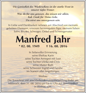 Traueranzeige von Manfred Jahr von Mitteldeutsche Zeitung Naumburg/Nebra