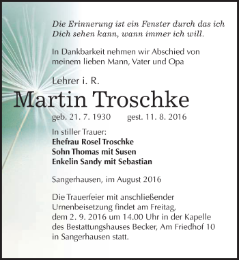 Traueranzeige von Martin Troschke von Mitteldeutsche Zeitung Sangerhausen