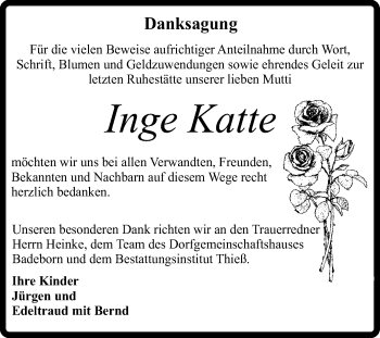 Traueranzeige von Inge Katte von Super Sonntag Quedlinburg