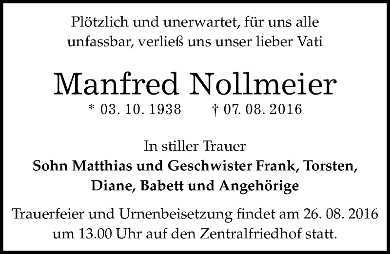  Traueranzeige für Manfred Nollmeier vom 20.08.2016 aus Mitteldeutsche Zeitung Dessau-Roßlau