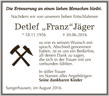 Traueranzeige von Detlef Jäger von Super Sonntag SGH Mansf. Land