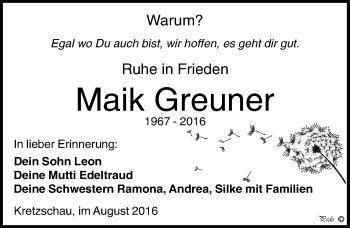 Traueranzeige von Maik Greuner von Mitteldeutsche Zeitung Zeitz