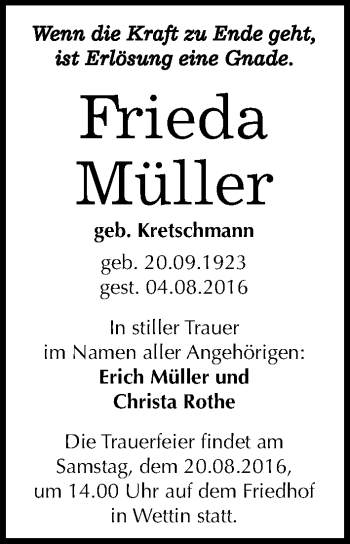 Traueranzeige von Frieda Müller von Mitteldeutsche Zeitung Halle/Saalkreis