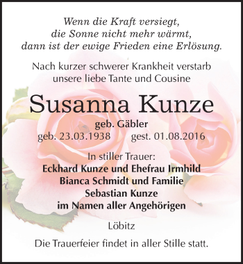 Traueranzeige von Susanna Kunze von Mitteldeutsche Zeitung Naumburg/Nebra