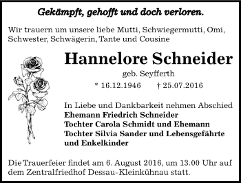 Traueranzeige von Hannelore Schneider von Mitteldeutsche Zeitung Dessau-Roßlau