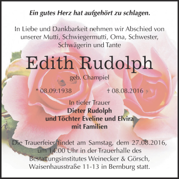 Traueranzeige von Edith Rudolph von Super Sonntag Bernburg