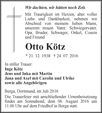 Traueranzeige von Otto Kötz von WVG - Wochenspiegel SGH