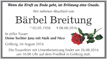 Traueranzeige von Bärbel Breitun von WVG - Wochenspiegel Dessau / Köthen