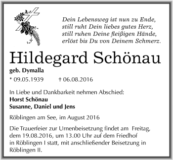 Traueranzeige von Hildegard Schönau von Mitteldeutsche Zeitung Mansfelder Land